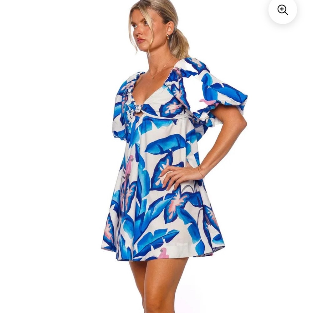 Farm Rio Off-White Blue Foliage Mini Dress